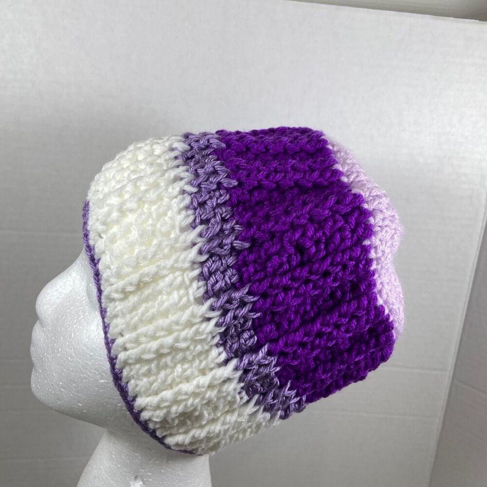 Unbranded Purple Lavender White Striped Crocheted Beanie Winter Hat Crochet